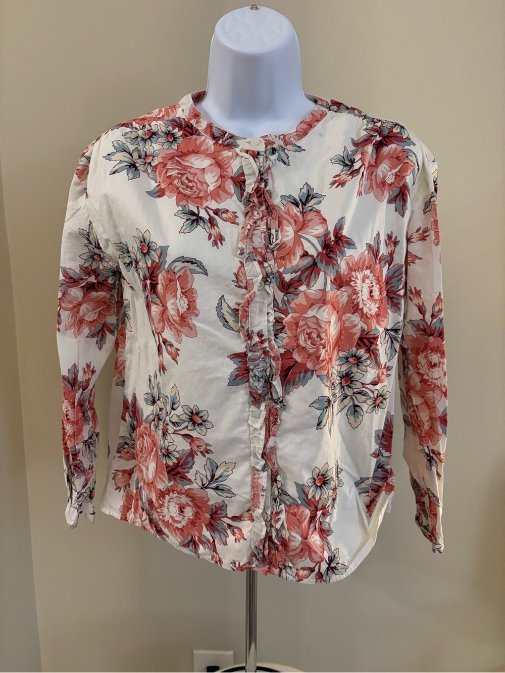 GAP Ivory Button-Down Top with Coral Floral Print
